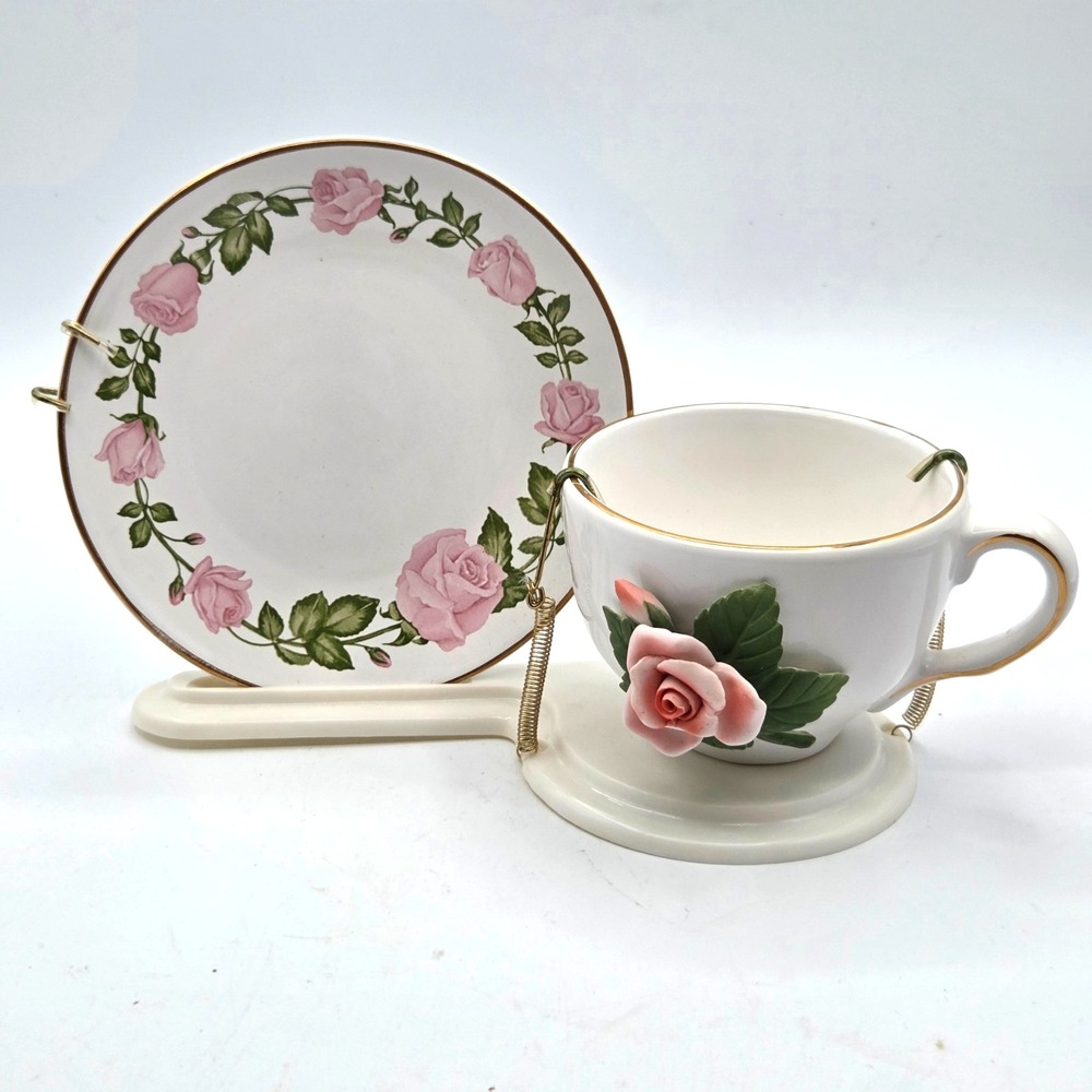 Teleflora Pink Rose Floral 3D Cup & Saucer Set Ceramic Porcelain with Stand